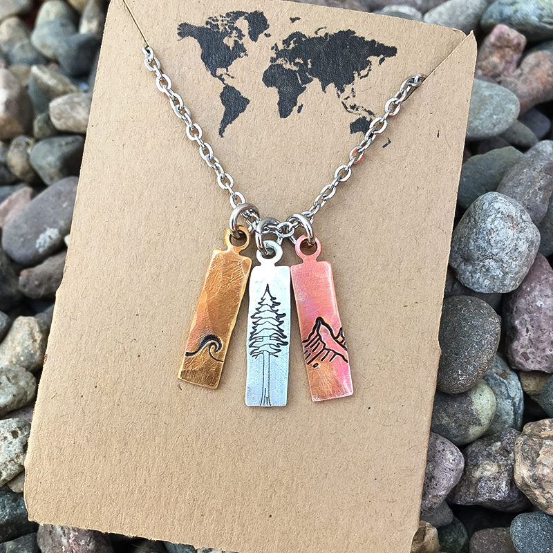 Nature Mixed Metal Charm Necklace (Waves, Mountains, Trees)