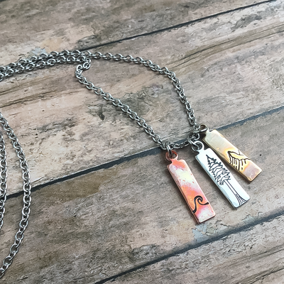 Nature Mixed Metal Charm Necklace (Waves, Mountains, Trees)