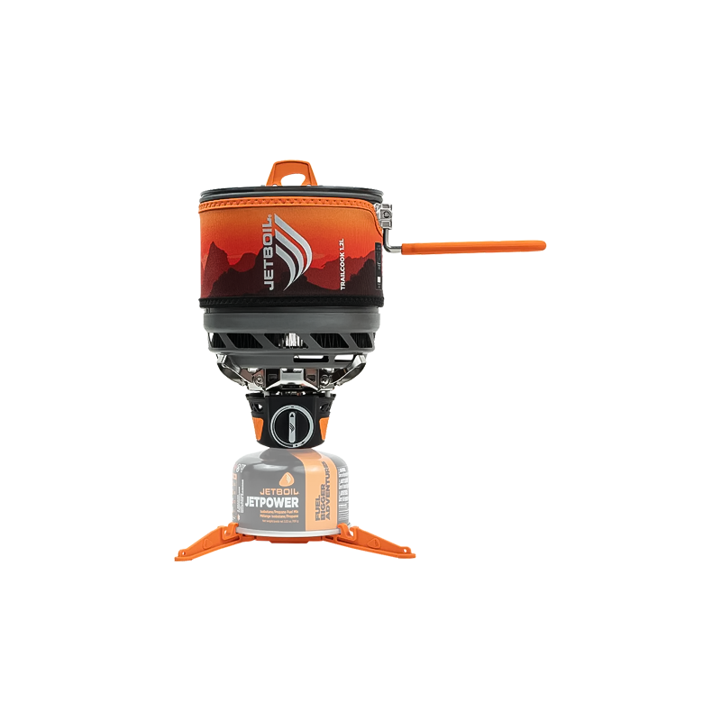 JetBoil camping stove with a black and orange handle, designed for fast boiling and simmering while backpacking.