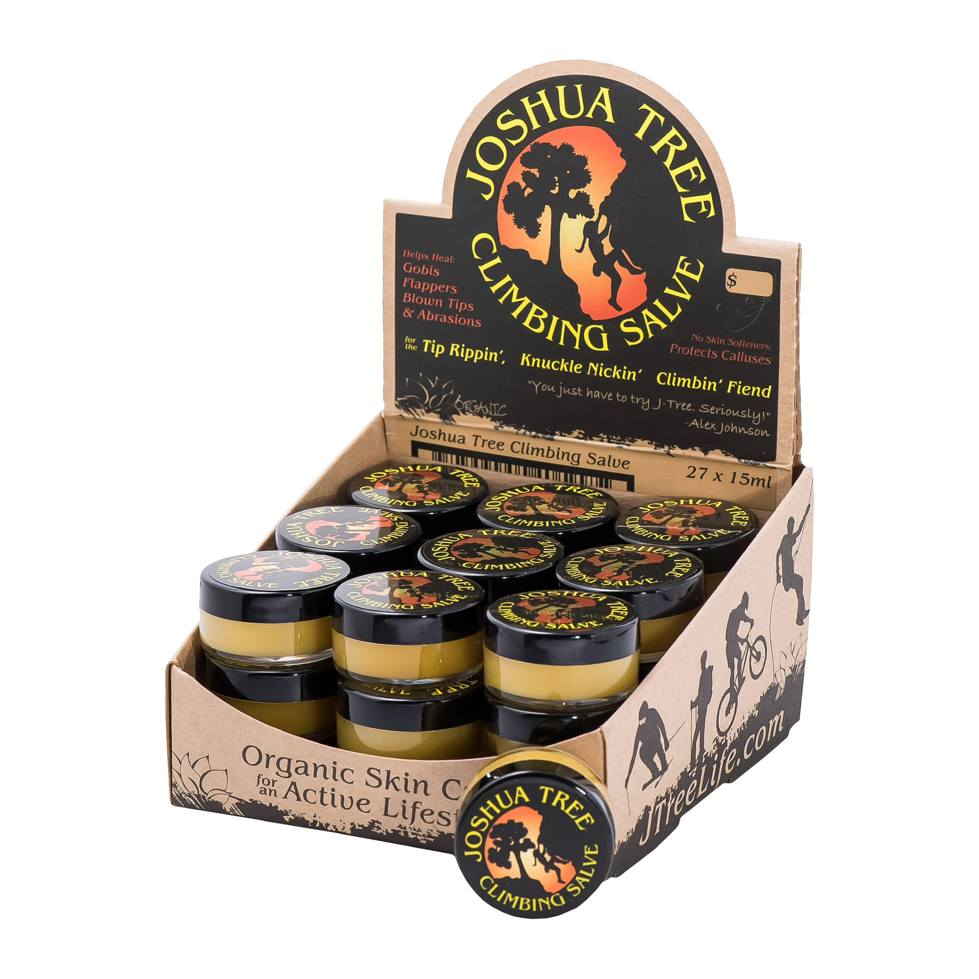 JTree organic salve in a jar, promoting healing for dry skin without softening calluses, surrounded by natural herbs.