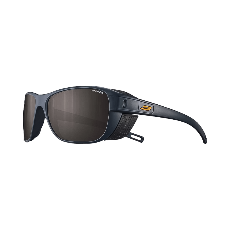 Blue Julbo sunglasses with a black frame and removable side shields for UV protection.  