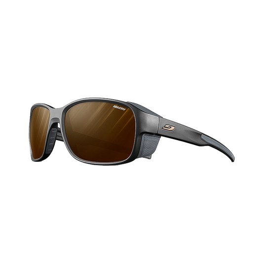 Black Julbo Montebianco 2 sunglasses with brown lenses, featuring removable side shields for mountain and valley adventures.