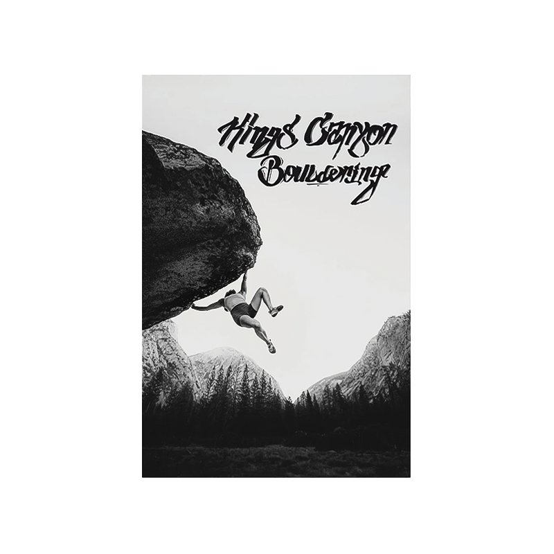 Front cover of 'Kings Canyon Bouldering' guidebook featuring granite cliffs and bouldering scenes in a lush, mountainous landscape.