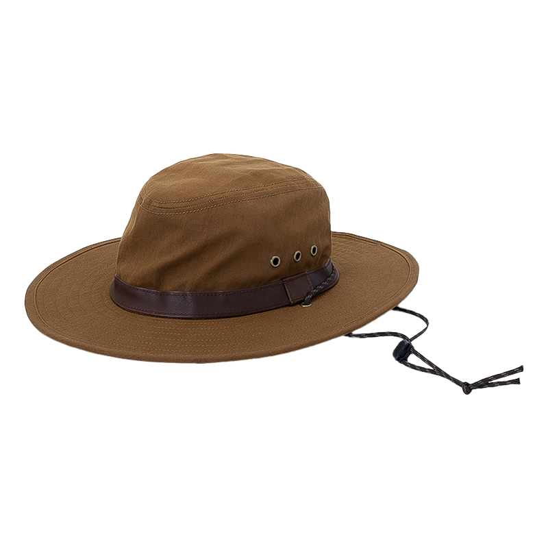 Brown cotton bush hat with leather strap, lightweight, packable, and UPF 50+ protection.