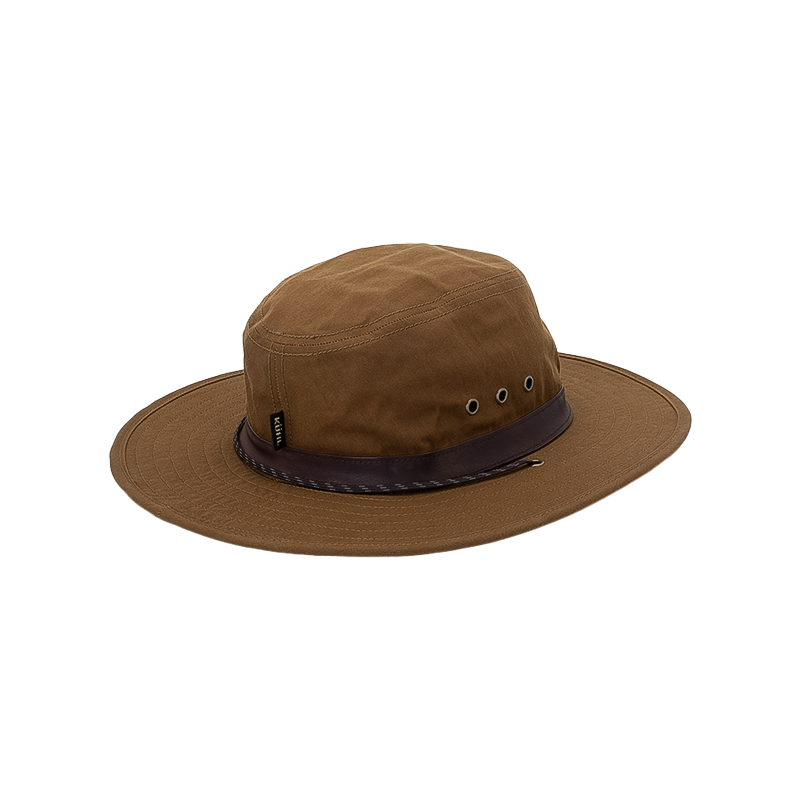 KÜHL Endurawax Bush Hat: brown cotton, leather strap, lightweight, water-resistant, and UPF 50+ protection.