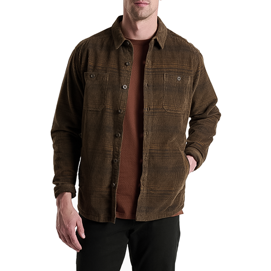 Brown men's shirt jacket with a button-down collar, subtle plaid, and two snap chest pockets.