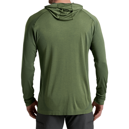Green Kühl Eclipser Hoody combines lightweight fabric and graphene technology for cooling and UV protection in summer outdoor pursuits.