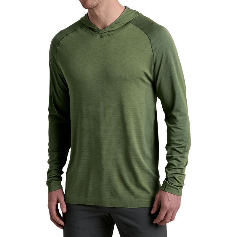 Lightweight Kühl Eclipser Hoody in green for men, featuring graphene for temperature regulation and UV protection during outdoor activities.