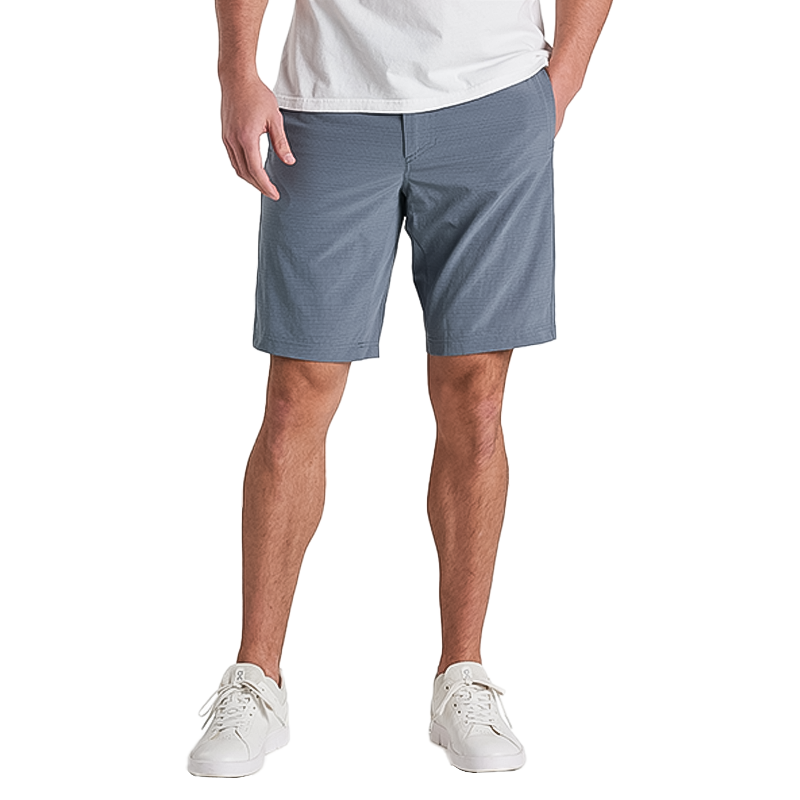Kuhl's lightweight blue men's shorts are perfect for summer hikes, offering a secure fit and multiple pockets.