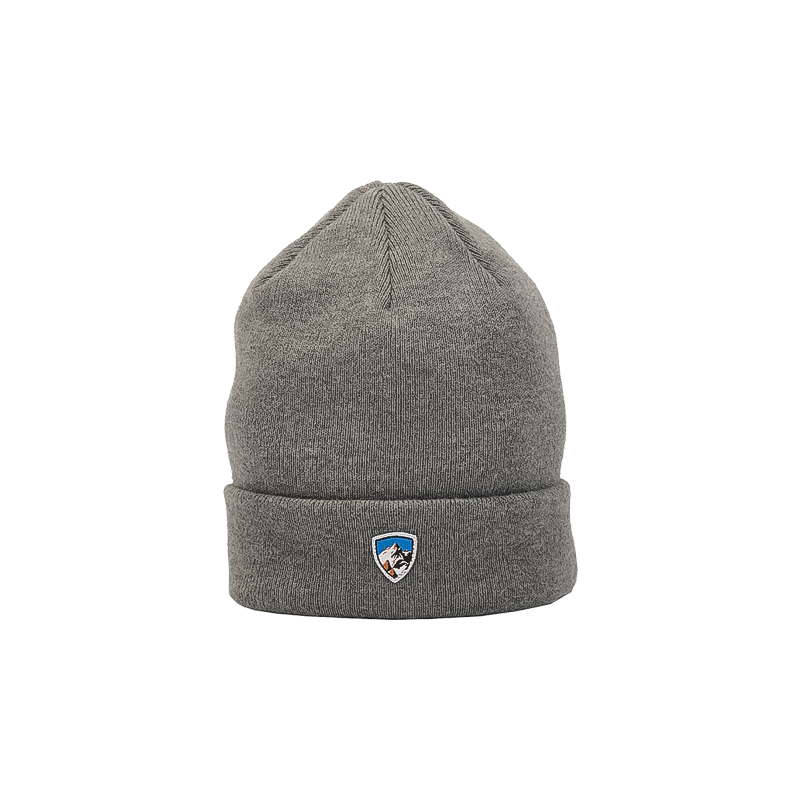 Gray kuhl merino beanie with a logo on a white background