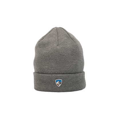 Gray kuhl merino beanie with a logo on a white background