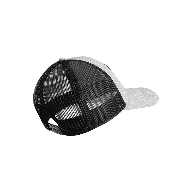 Black and heather grey trucker cap with mesh back, snapback closure, and custom patch.