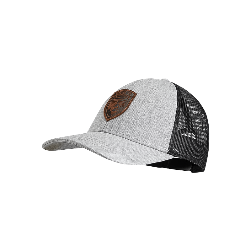 Rugged grey and black Kuhl trucker hat with a black patch and ventilated mesh back.