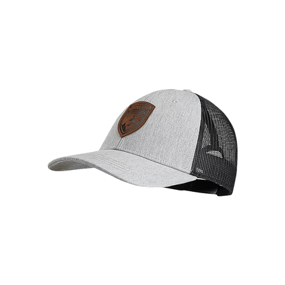 Rugged grey and black Kuhl trucker hat with a black patch and ventilated mesh back.