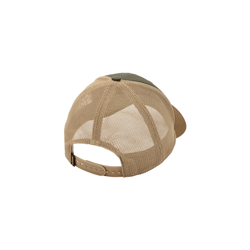 KÜHL's tan and green trucker hat has a mesh back, snapback closure, and debossed patch.