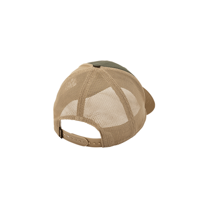 KÜHL's tan and green trucker hat has a mesh back, snapback closure, and debossed patch.