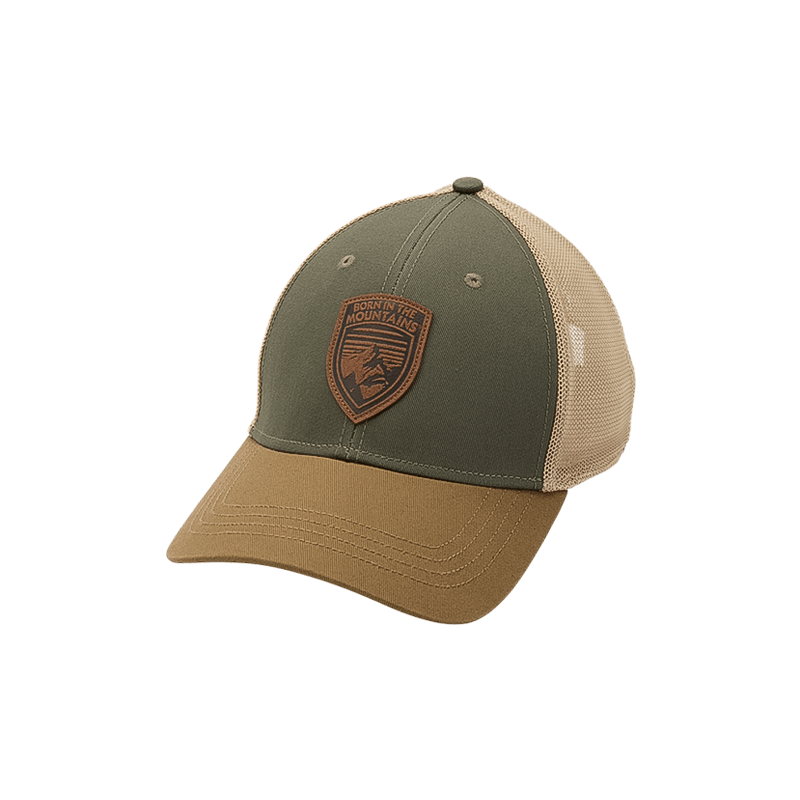 Green and tan trucker hat with logo, snapback closure, and mesh back for comfort.