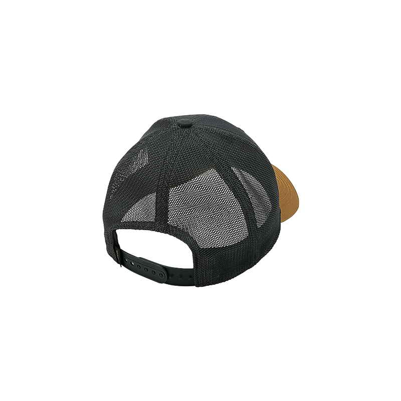 Classic black and tan trucker hat with a brown leather patch, designed with a snapback closure and breathable mesh panels.