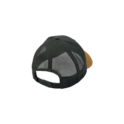 Classic black and tan trucker hat with a brown leather patch, designed with a snapback closure and breathable mesh panels.
