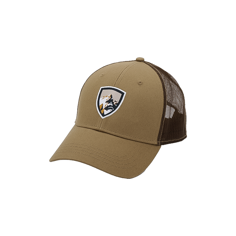 Brown trucker hat with "Born in the Mountains" logo and snap-back closure.