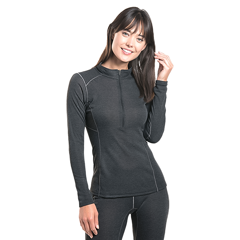 Woman wearing the kuhl womens akkomplice zip neck, a gray long-sleeve athletic top and leggings on a white background