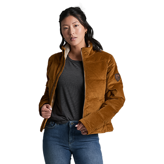 Stylish brown women's jacket with Sherpa collar, four pockets, and hybrid insulation for comfort.
