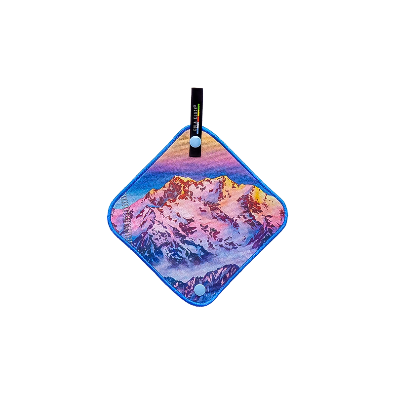 Colorful pee cloth with a mountain scene, perfect for backpacking.