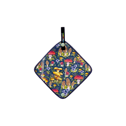 Navy pee cloth with colorful mushroom design for outdoor adventures like backpacking and mountaineering.