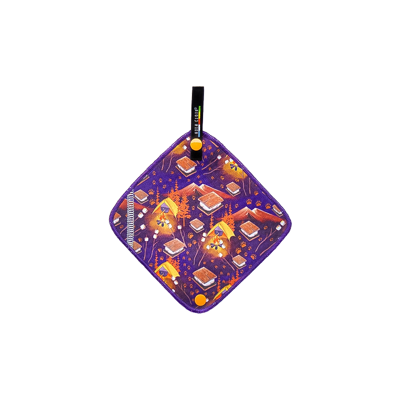 Purple and orange patterned cloth with a black handle, designed as a leave no trace pee cloth.