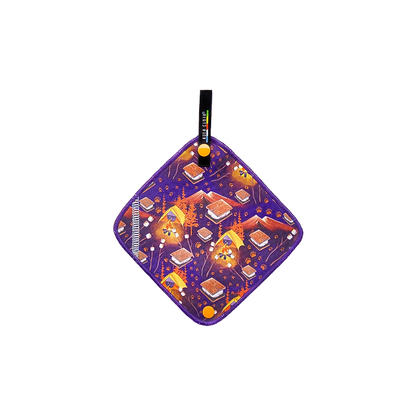 Purple and orange patterned cloth with a black handle, designed as a leave no trace pee cloth.