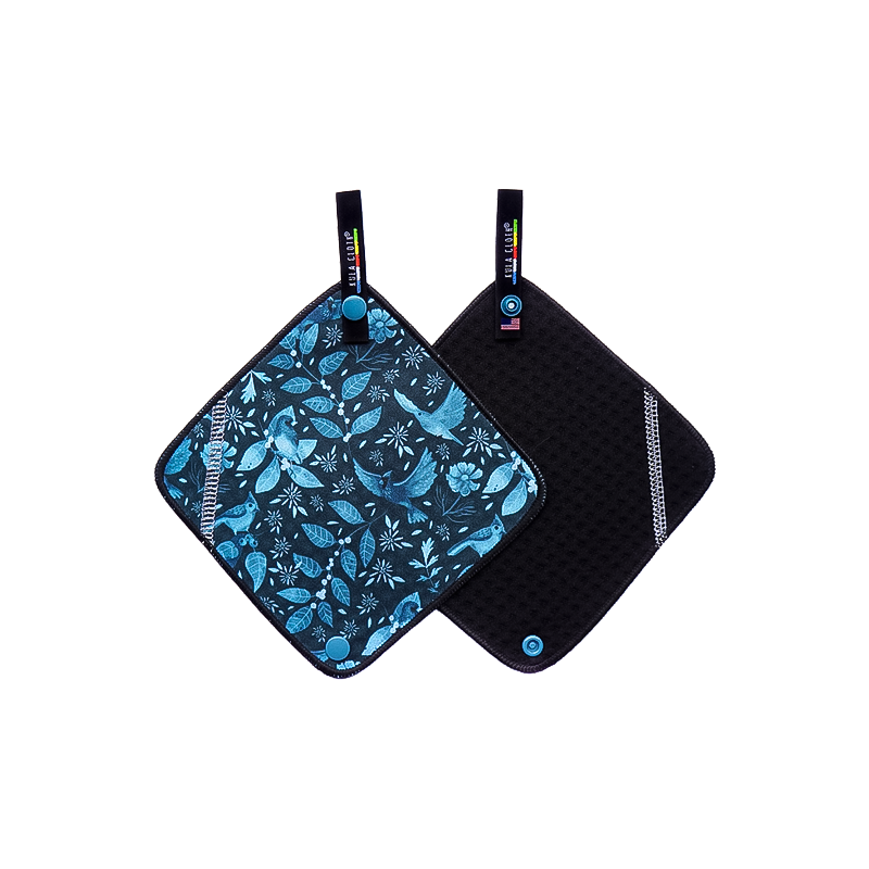 Eco-friendly blue floral and birds pee towel for backpackers.