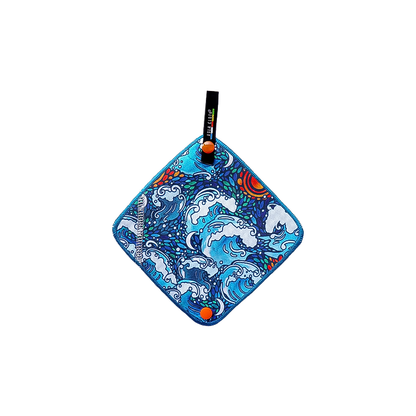 Blue pee towel with a colorful waves design, perfect for outdoor adventures.