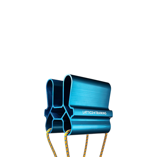 Blue anodized aluminum pinch block with a handle, designed for climbers to enhance grip strength in various positions.