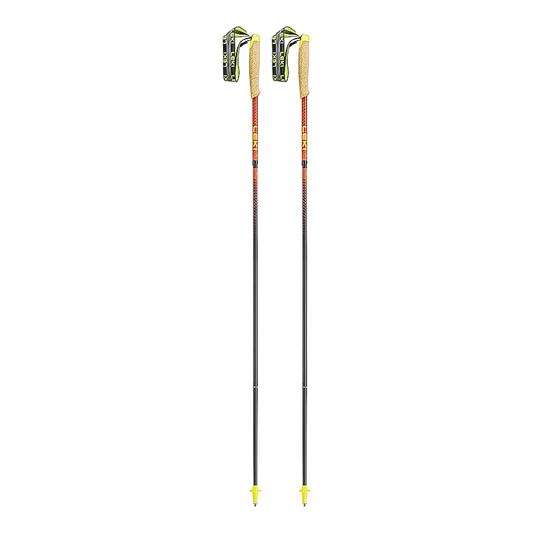 Two ultralight ski poles with yellow and black grips for competitive trail runners.