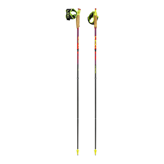Two ski poles in bright red, violet, and neon yellow, crafted for ultralight trail running with a focus on stability and speed.