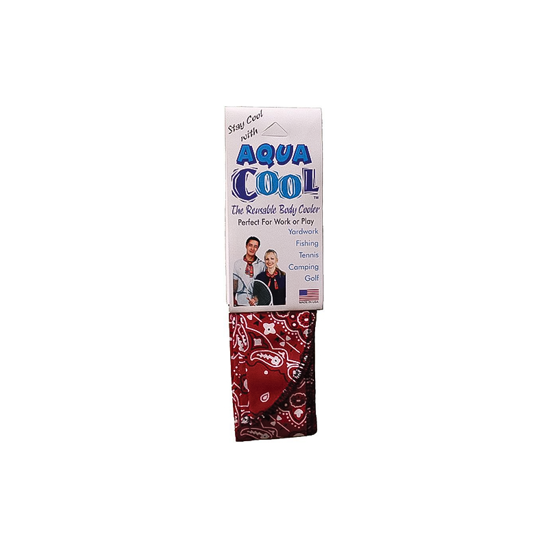 Red Aqua Cool bandana absorbs water for up to 12 hours of cooling relief in heat.