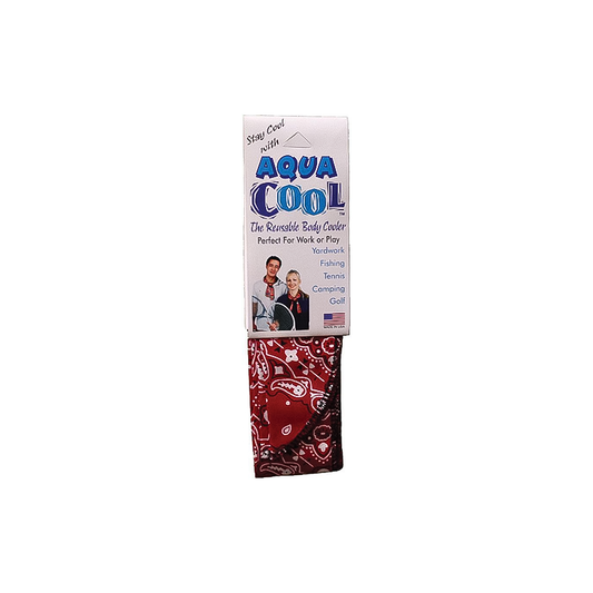 Red Aqua Cool bandana absorbs water for up to 12 hours of cooling relief in heat.
