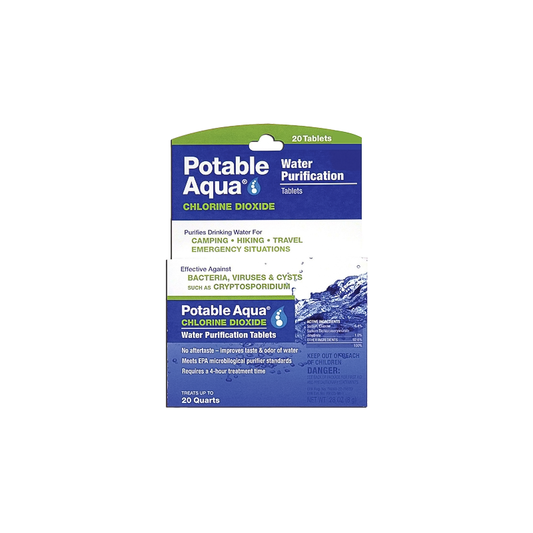 20-pack Potable Aqua Chlorine Dioxide tablets, purifying water without an aftertaste, ideal for emergencies or travel.