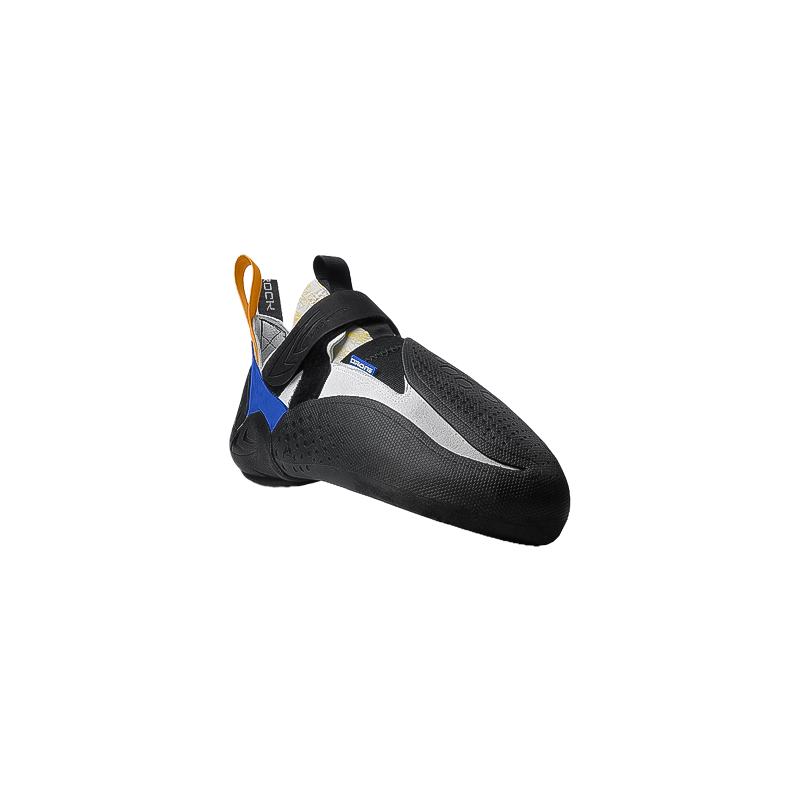 Black climbing shoe with blue, gray, and orange details, engineered for high performance and comfort in demanding climbing conditions.