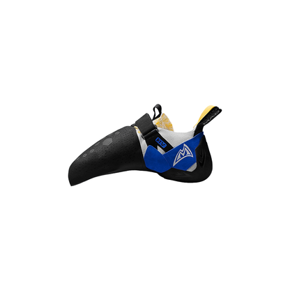 Black climbing shoe with blue and gray accents, designed for precision and comfort on steep climbs and technical routes.