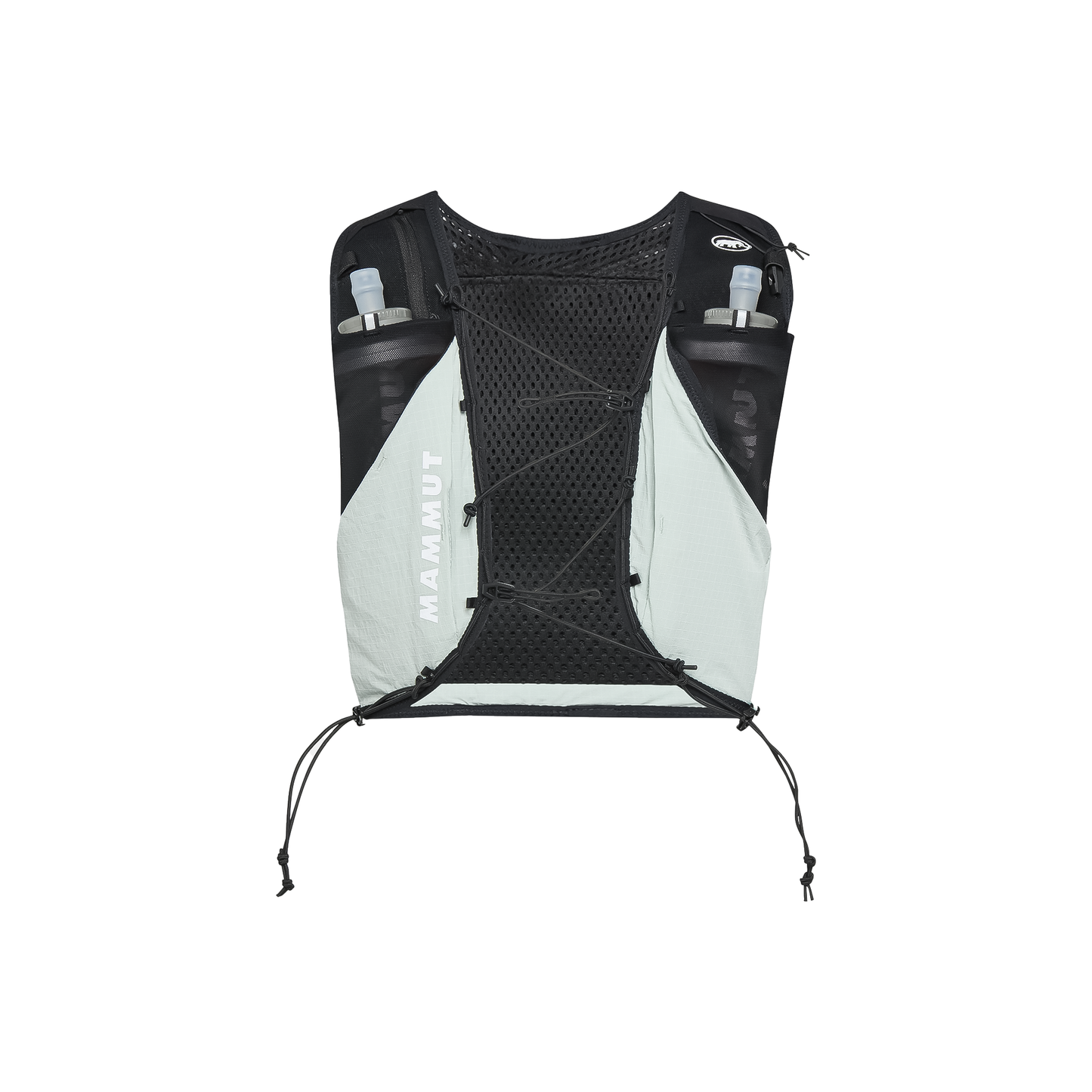 Black and mint green Mammut Aenergy Trail Vest 12 with a zipper, designed for trail running and mountain activities.