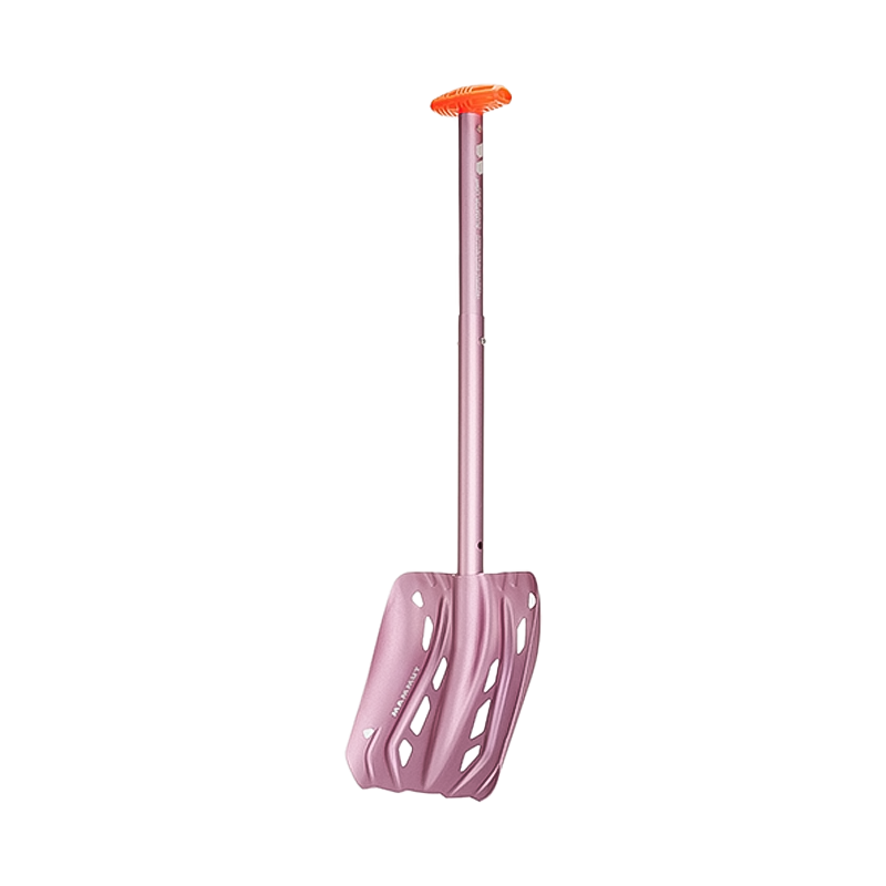 A pink Mammut shovel with an orange handle, designed for lightweight durability and efficiency in backcountry snow exploration.