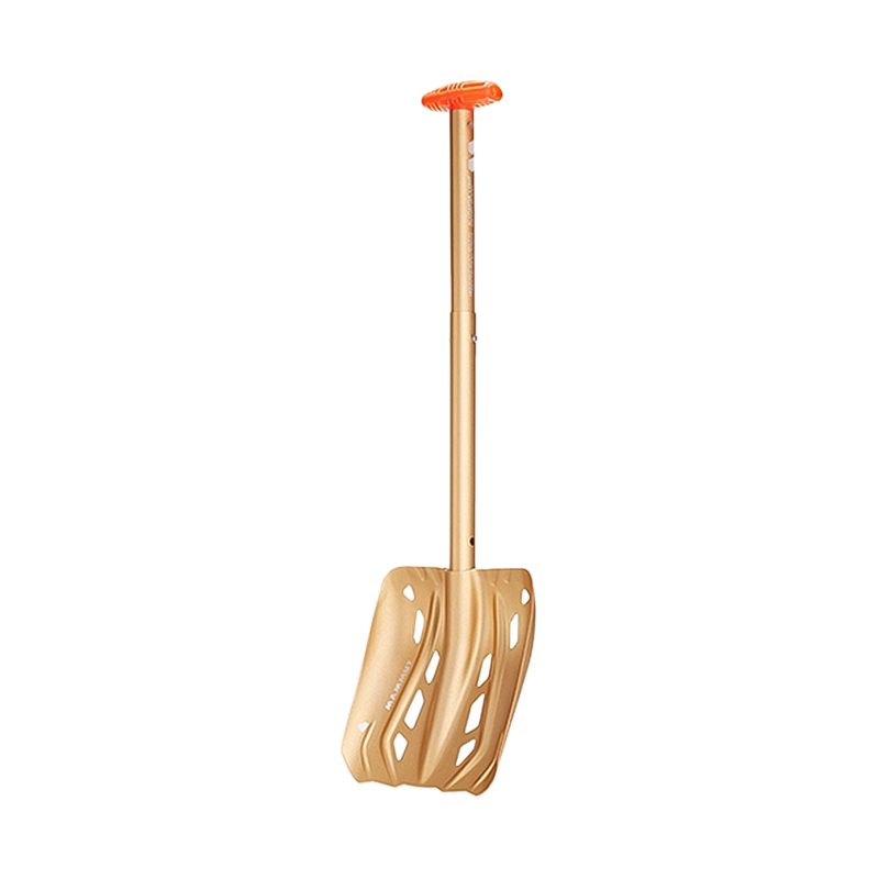 Lightweight Gold Mammut Alugator Light Avalanche Shovel with a telescopic handle for backcountry safety.