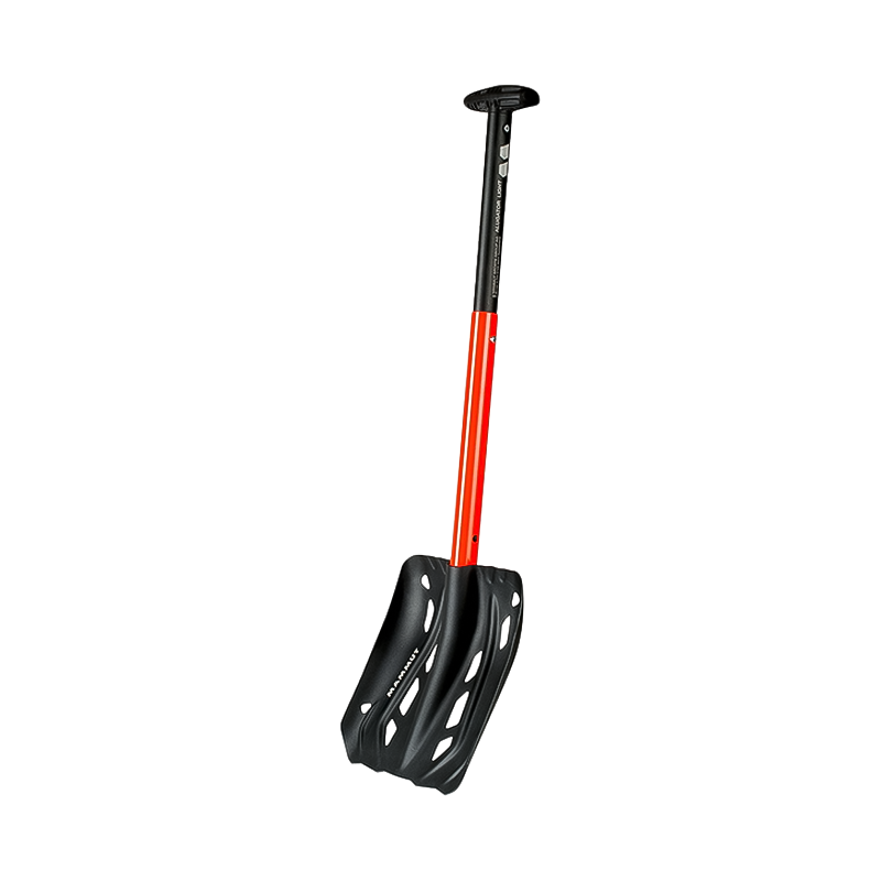 Lightweight Gold Mammut Alugator Light Avalanche Shovel with a telescopic handle for backcountry safety.