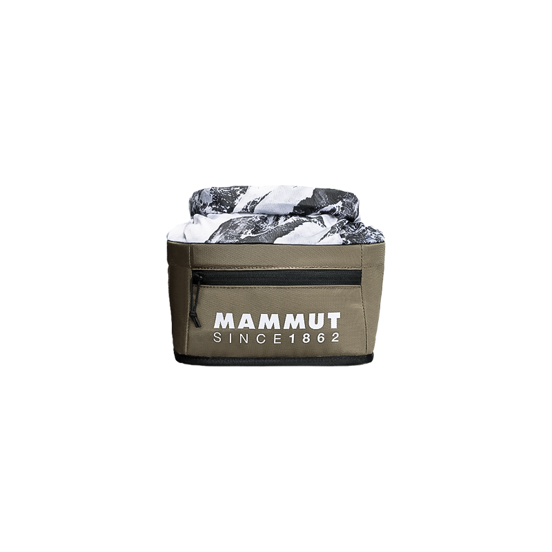 Green Mammut Boulder Chalk Bag with logo, featuring a roll-top closure and fleece lining for organized bouldering gear storage.