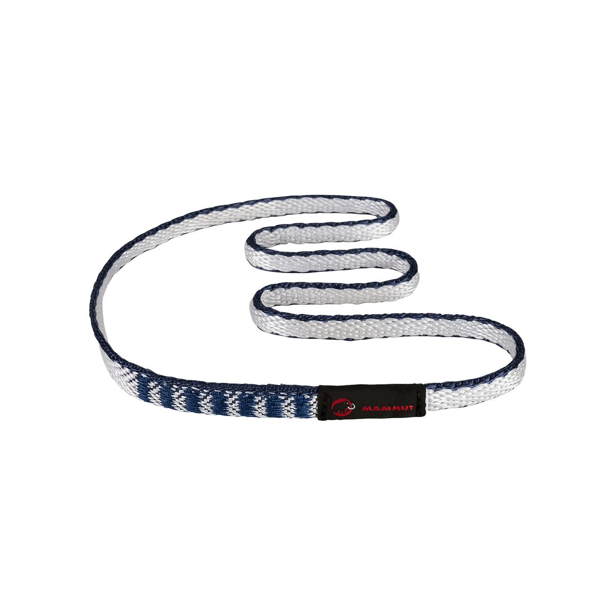 Dark blue and white climbing sling with a black and white stripe, showcasing its lightweight design and durable Dyneema material.