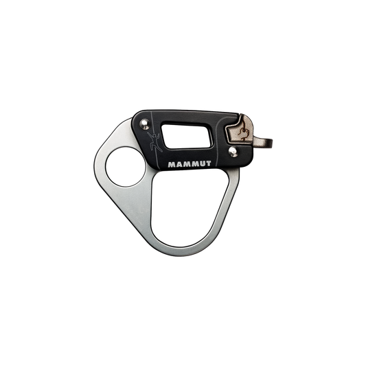 Black and silver metal carabiner with a clip, designed for alpine climbing and multipitch routes.