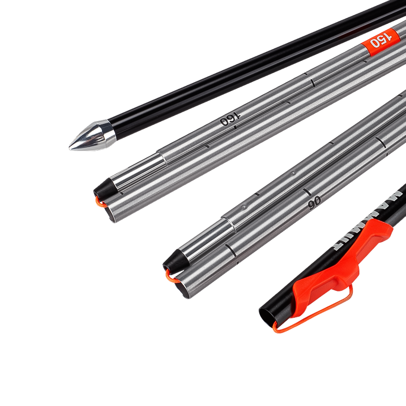 Metal pole with varied handles for outdoor safety and rescue efficiency.