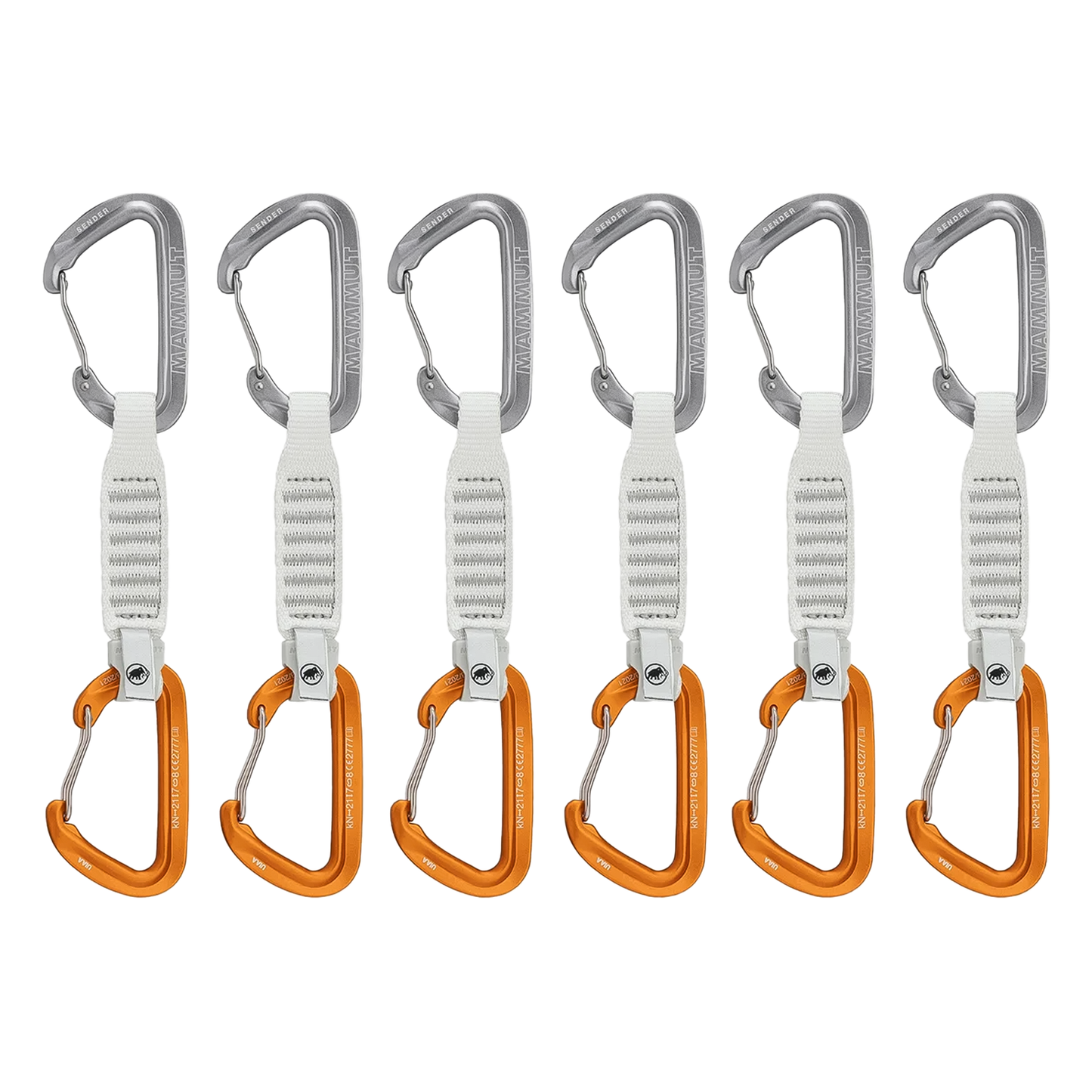 Six ultralight quickdraws with orange and grey wire-gate carabiners, designed for alpine and sport climbing efficiency.