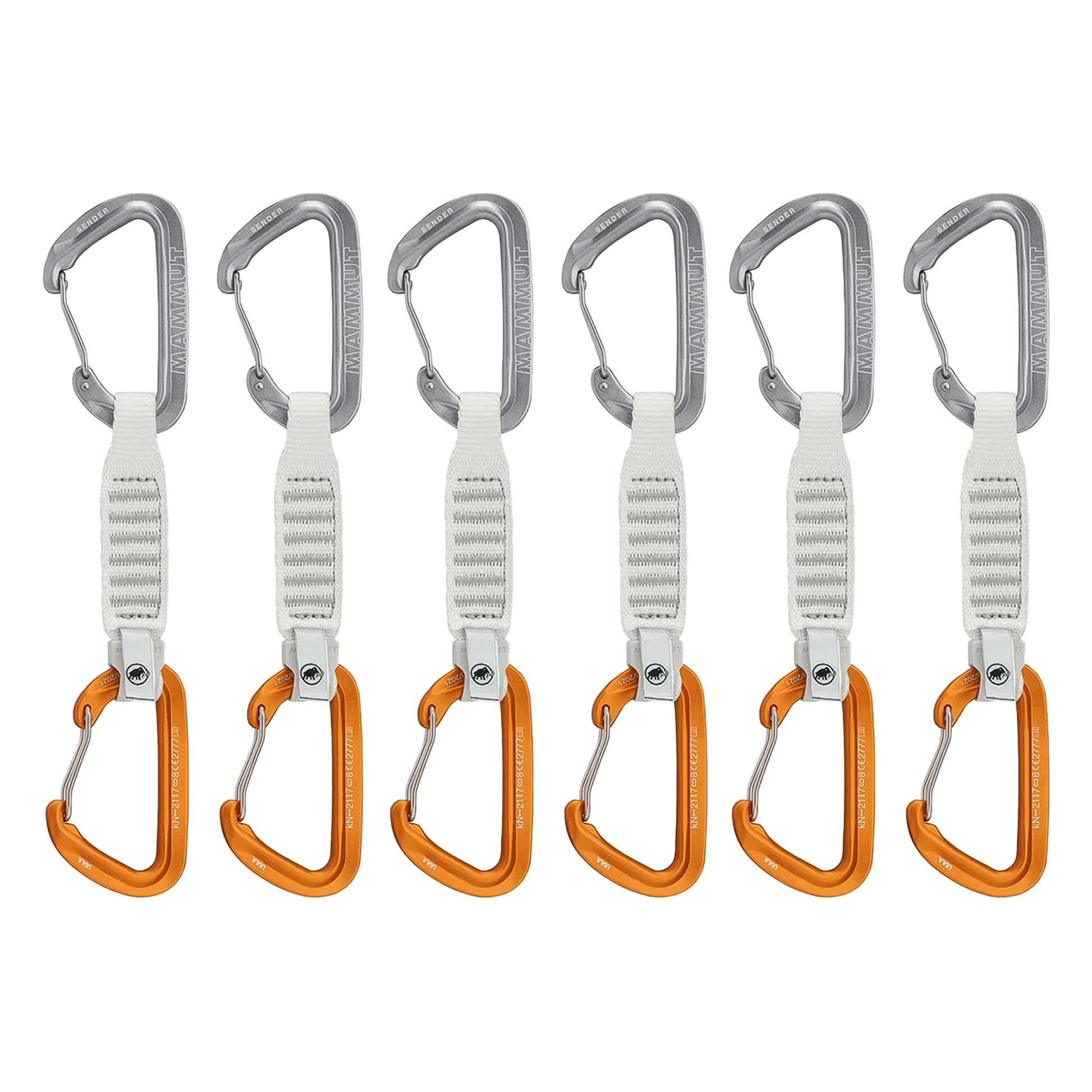 Six ultralight quickdraws with orange and grey wire-gate carabiners, designed for alpine and sport climbing efficiency.